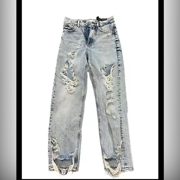 Zara Jeans Womens Sz 2 Light Wash Blue Denim Distressed Ripped Straight Leg - Picture 1 of 6